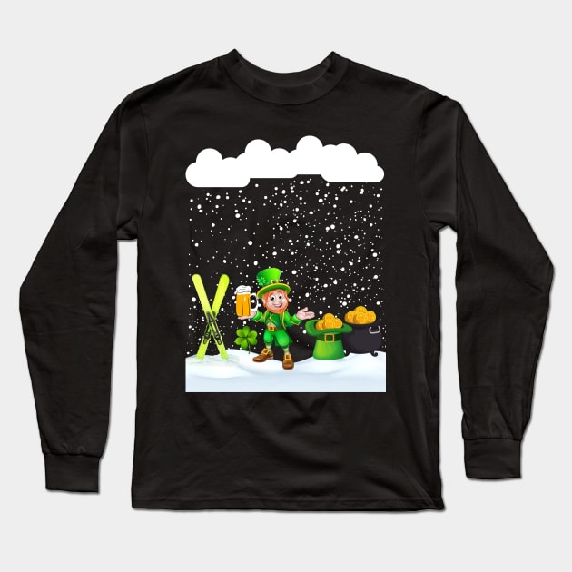 St patricks Day snow Ski on St Patricks day snowfall and snowflakes Long Sleeve T-Shirt by Artstastic